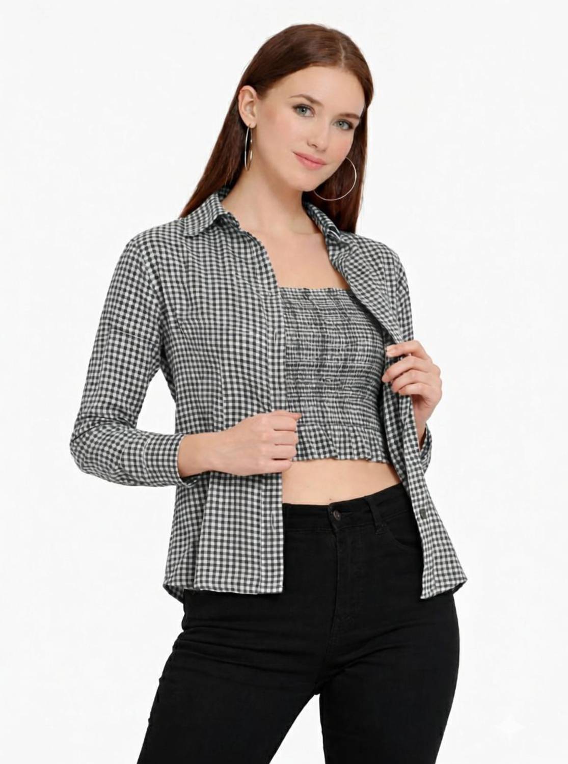 BNK Women Checkered Casual Black Shirt