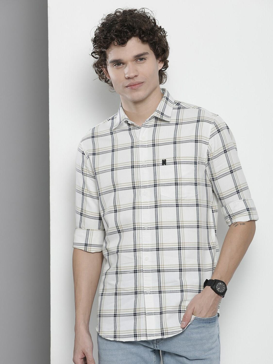 Image of The Indian Garage Co. Men Checkered Casual White Shirt