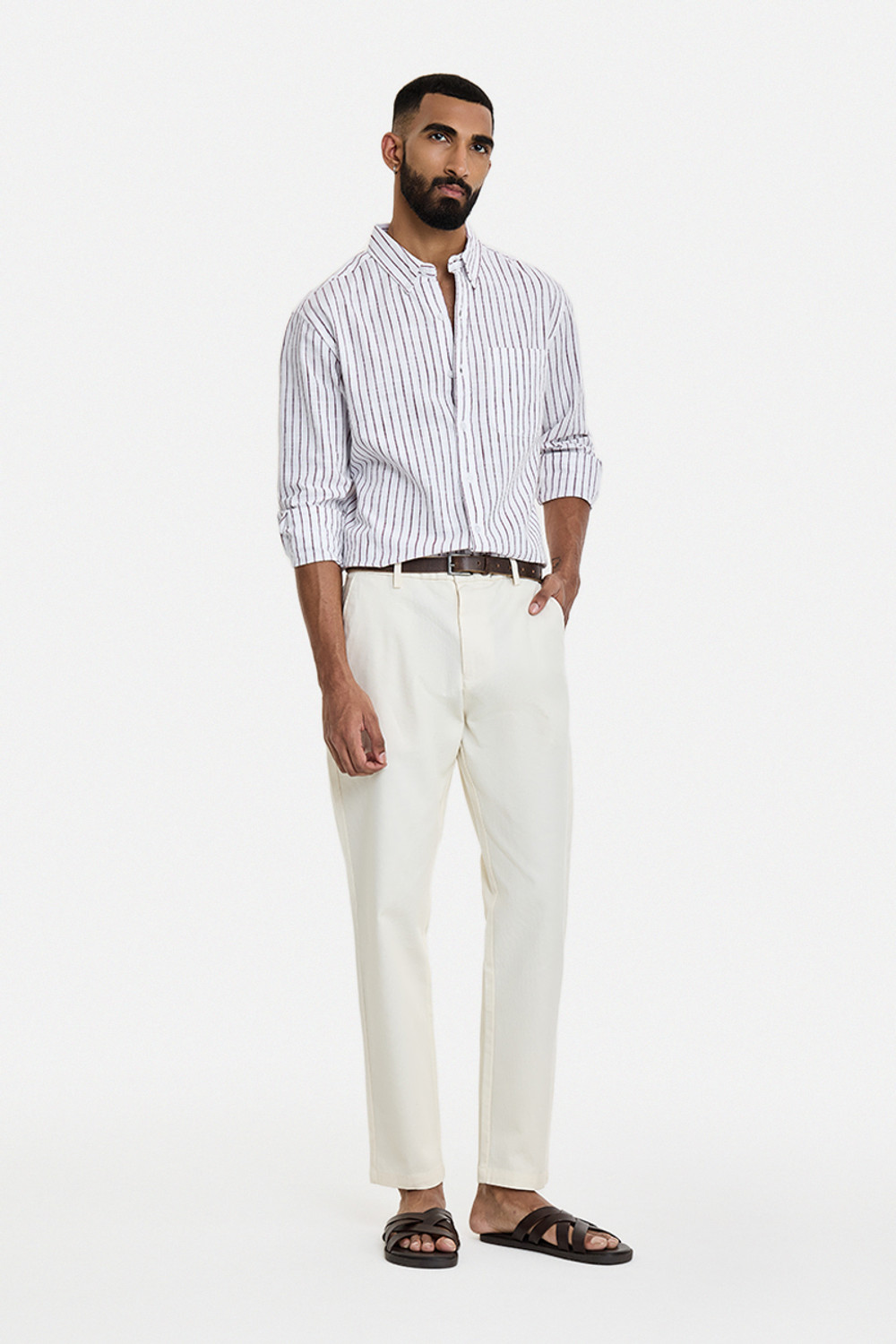 Image of Snitch Men Striped Casual White Shirt