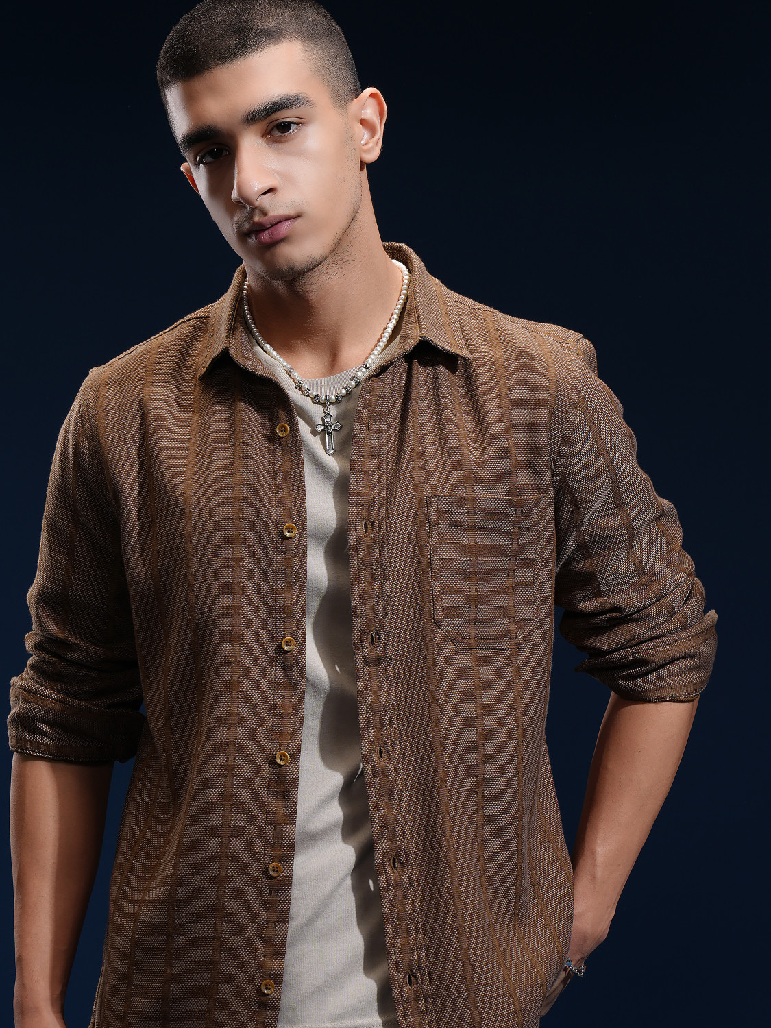 Image of HIGHLANDER Men Striped Casual Brown Shirt
