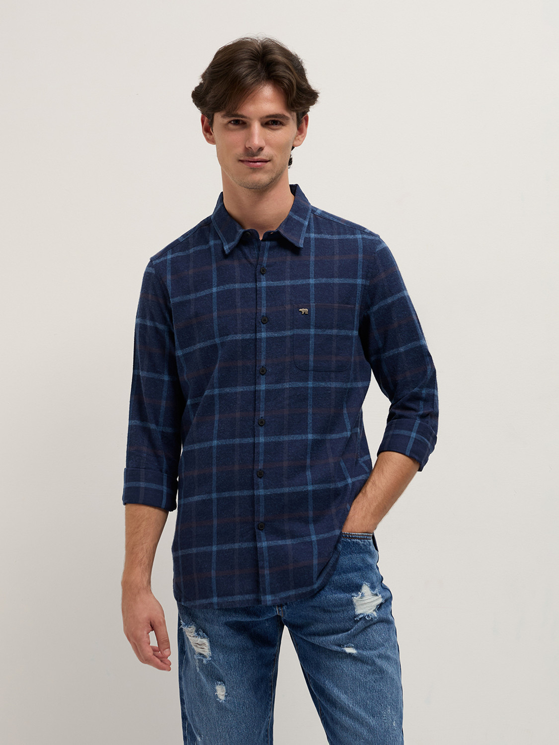 Image of THE BEAR HOUSE Men Checkered Casual Blue Shirt