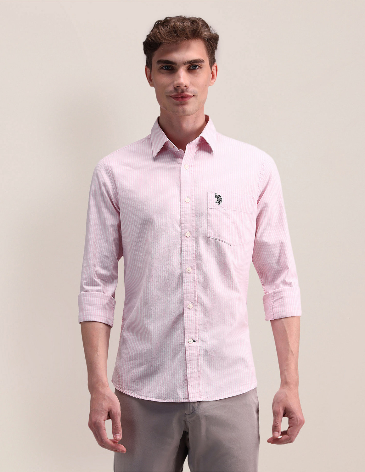 Image of U.S. POLO ASSN. Men Striped Casual Pink Shirt