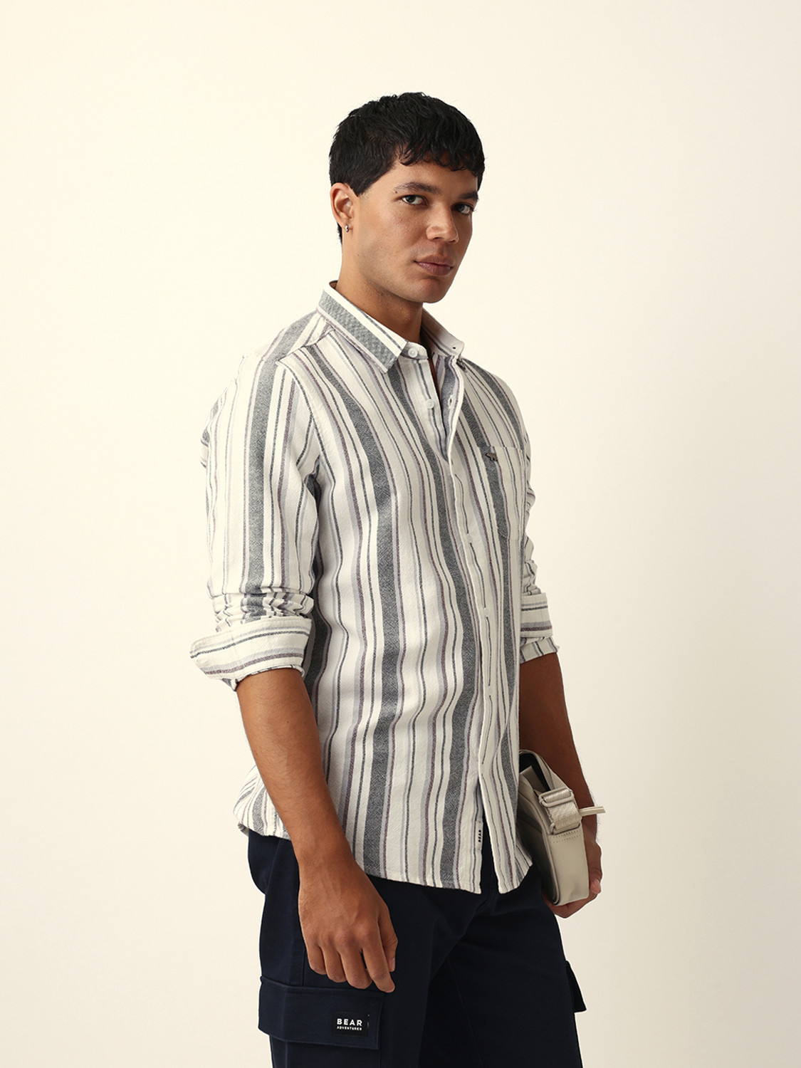 Image of THE BEAR HOUSE Men Striped Casual White Shirt