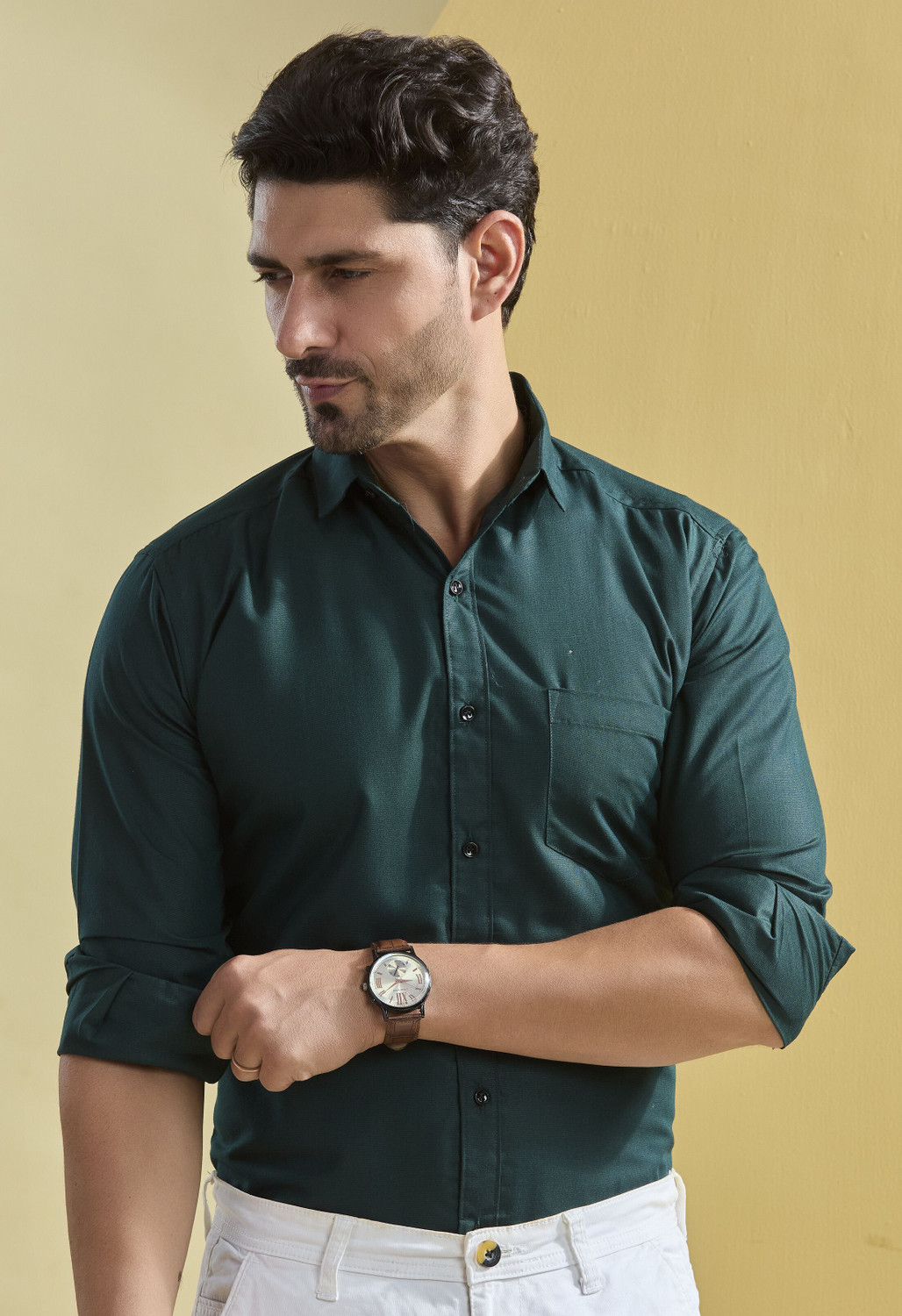 Image of STONEBERG Men Solid Formal Dark Green Shirt
