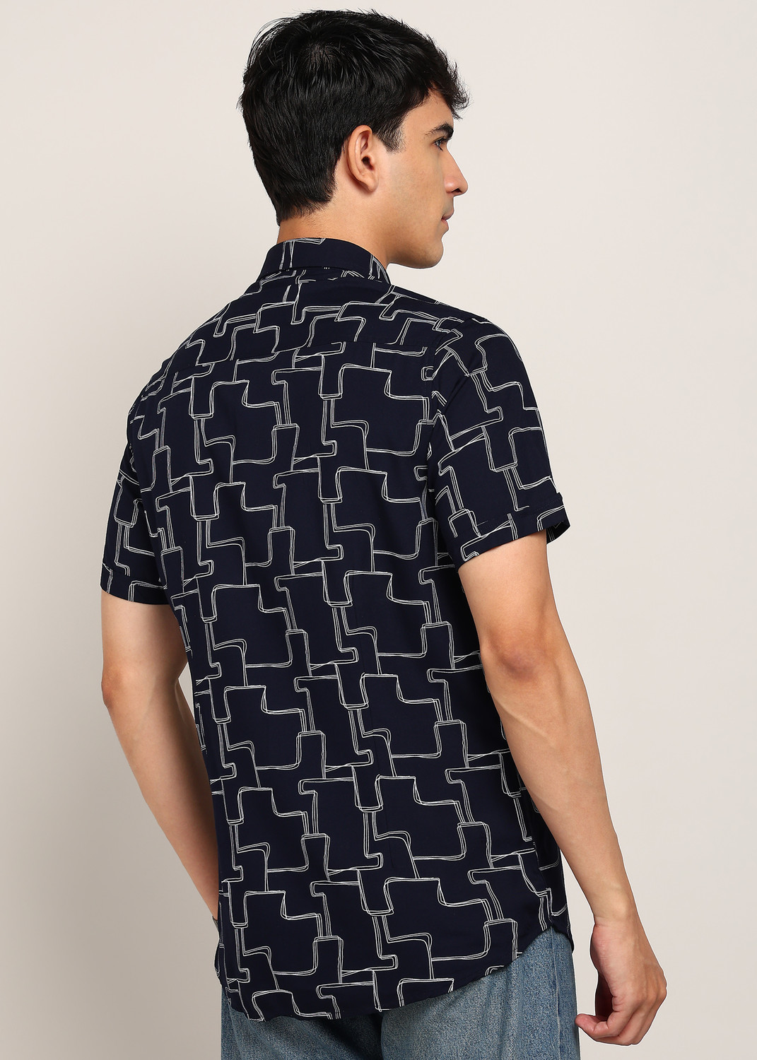 Image of KILLER Men Printed Casual Dark Blue Shirt