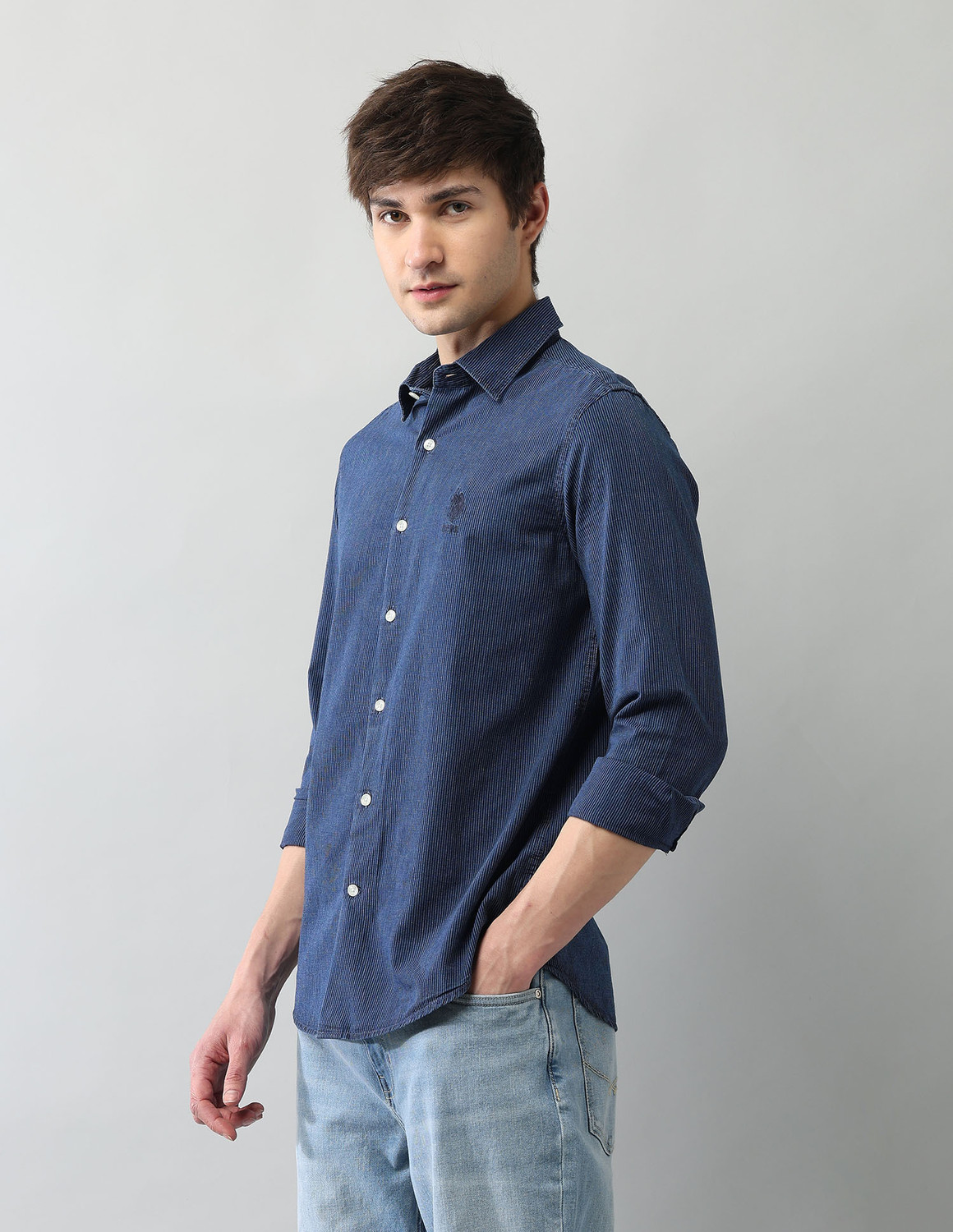 Image of U.S. Polo Assn. Denim Co. Men Striped Casual Blue Shirt