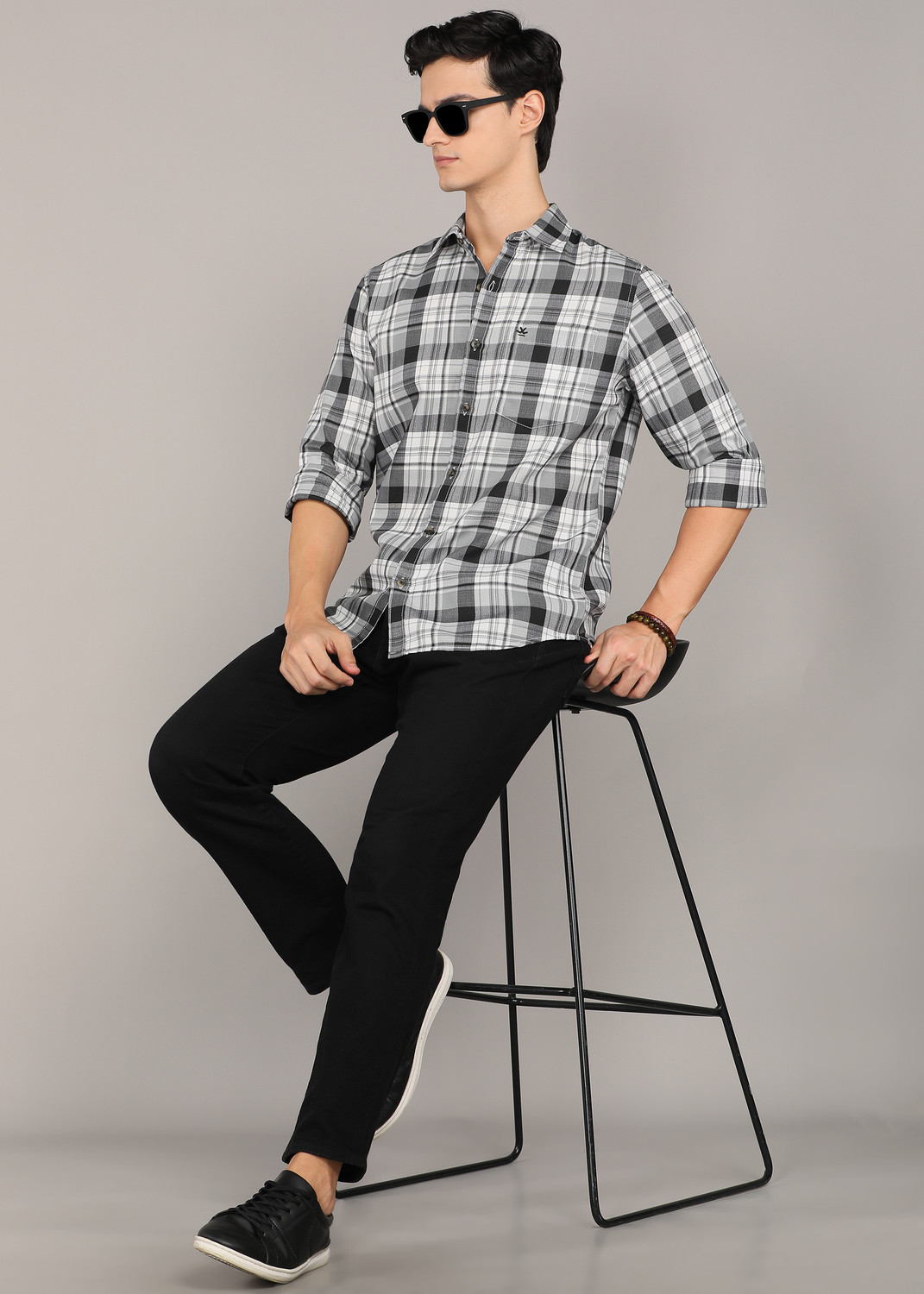 Image of WROGN Men Checkered Casual Grey Shirt