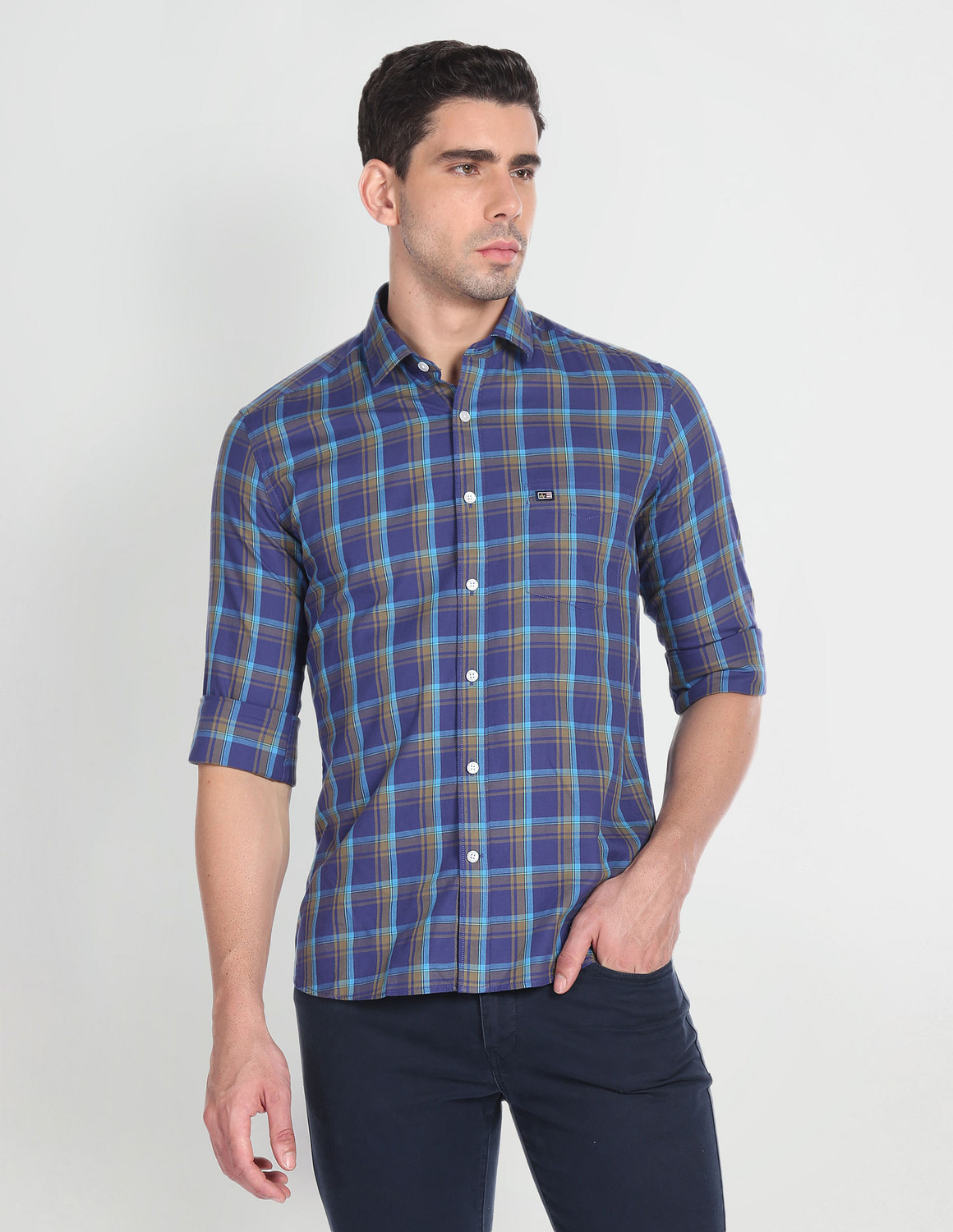Image of Arrow Sport Men Checkered Casual Dark Blue, Light Blue, Beige Shirt
