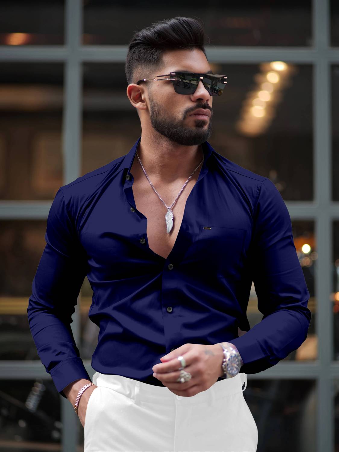Mentific Men Solid Formal Dark Blue Shirt