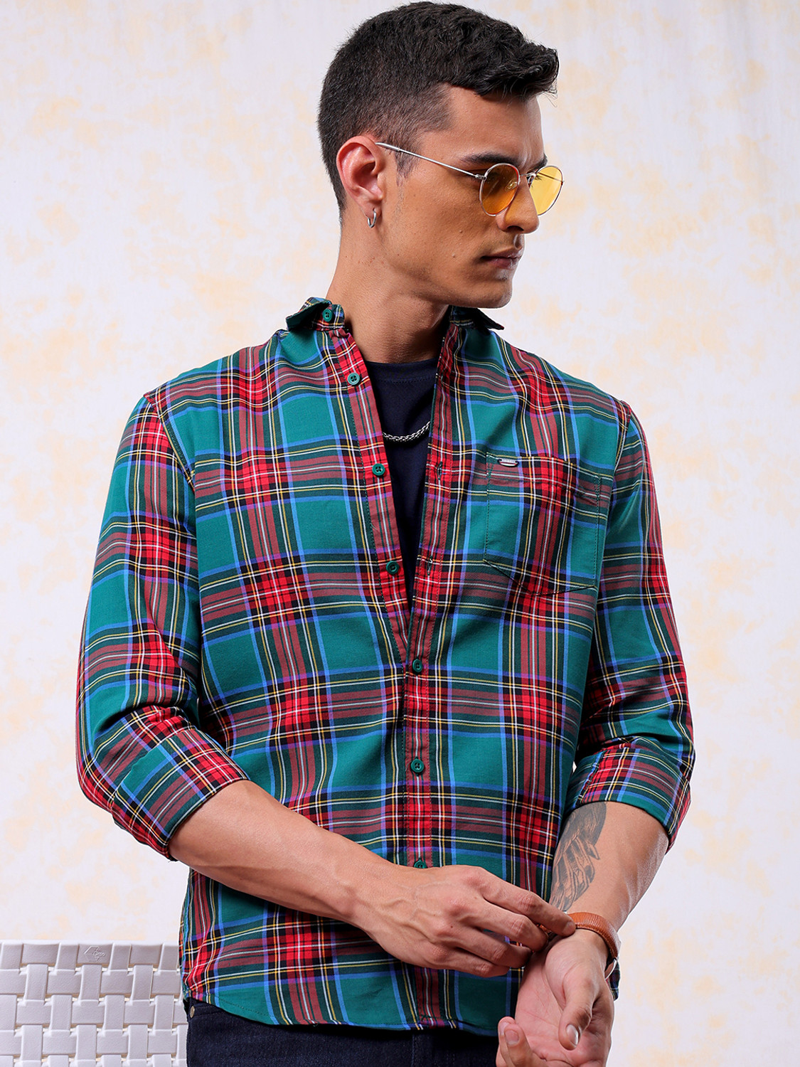 Image of The Indian Garage Co. Men Checkered Casual Green Shirt