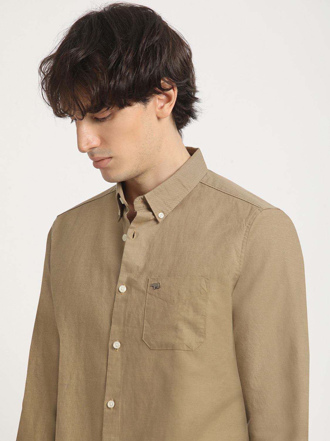 Image of THE BEAR HOUSE Men Solid Casual Beige Shirt