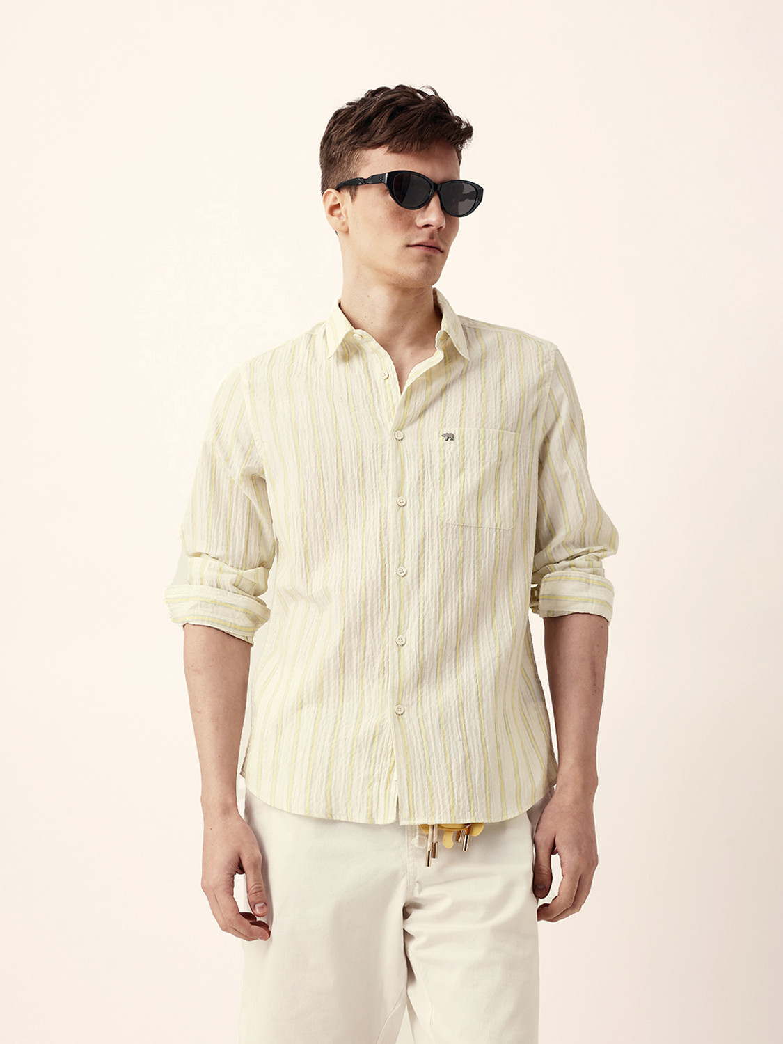 Image of THE BEAR HOUSE Men Striped Casual Yellow Shirt