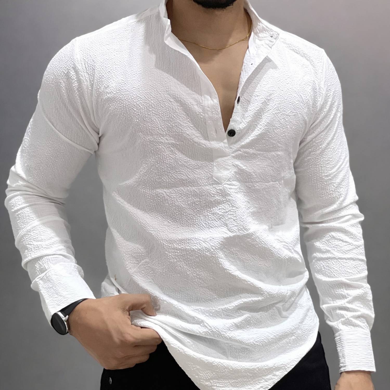 SAT CREATION Men Self Design Casual White Shirt