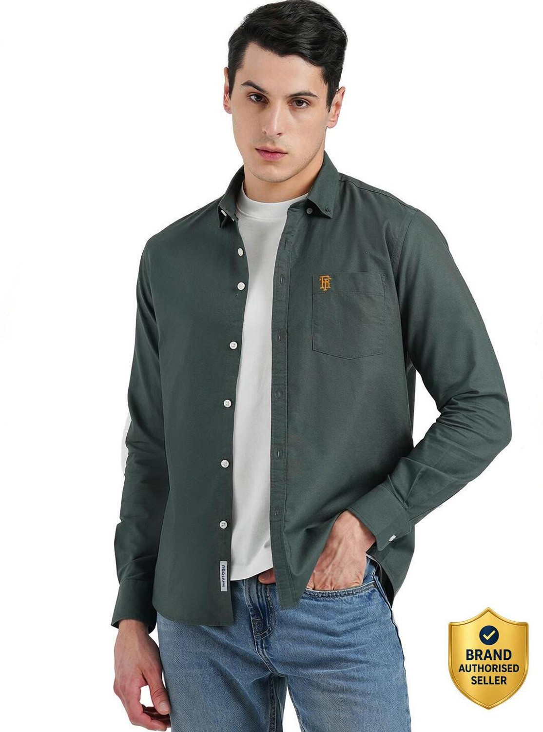 Image of RED TAPE Men Solid Casual Green Shirt