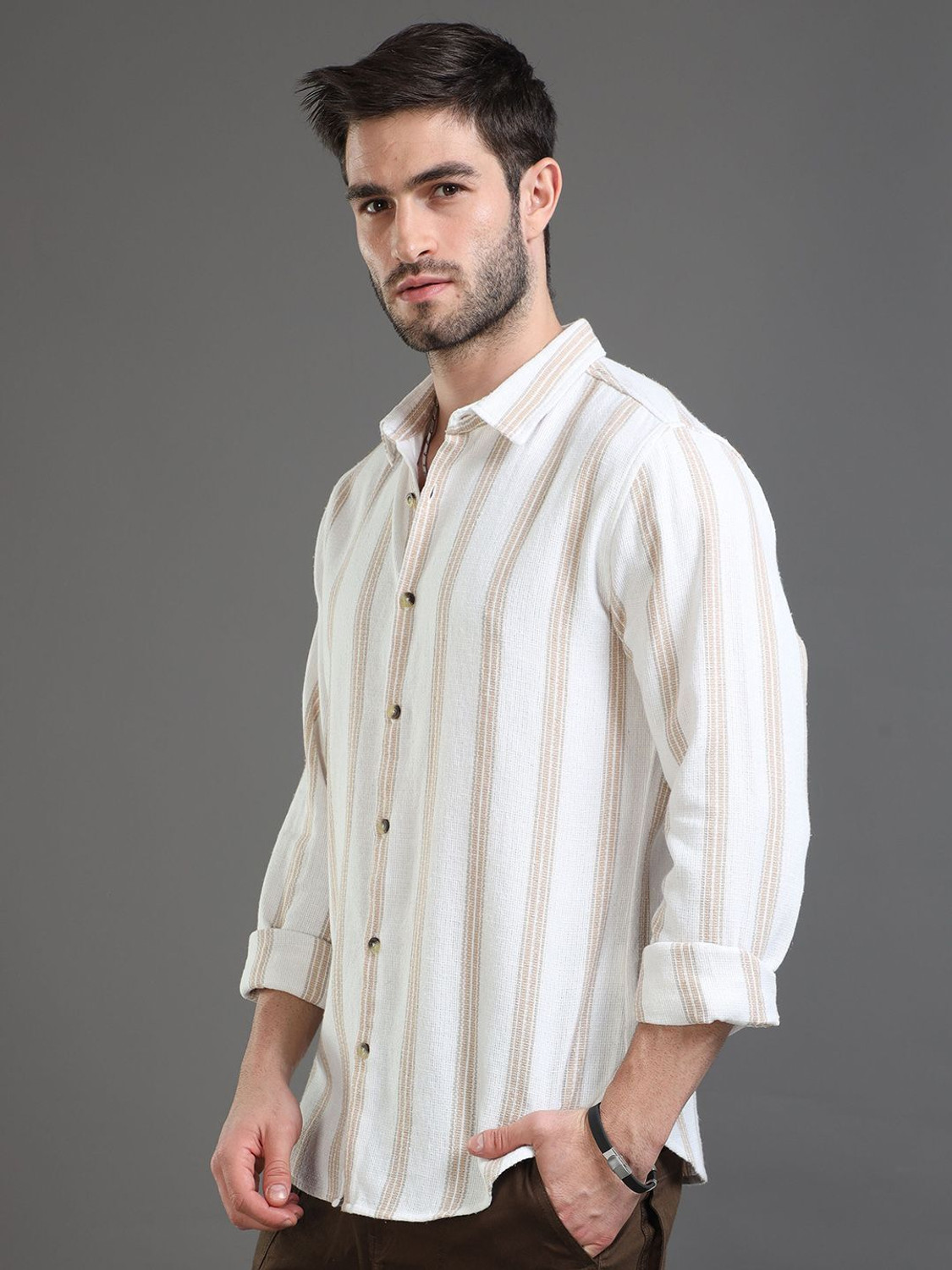 Image of HERE&NOW Men Striped Casual Cream Shirt