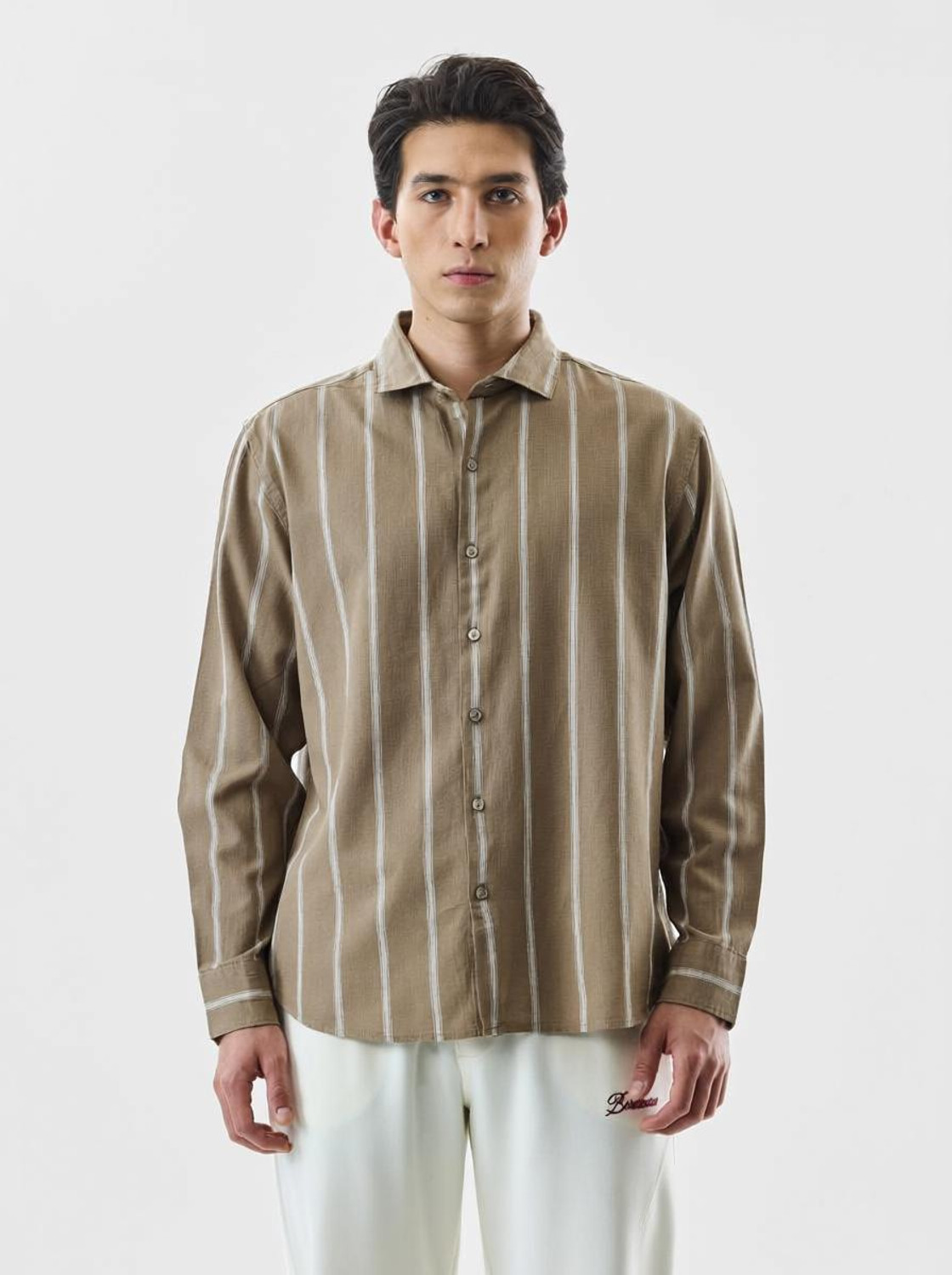 Image of Snitch Men Striped Casual Beige, Brown Shirt