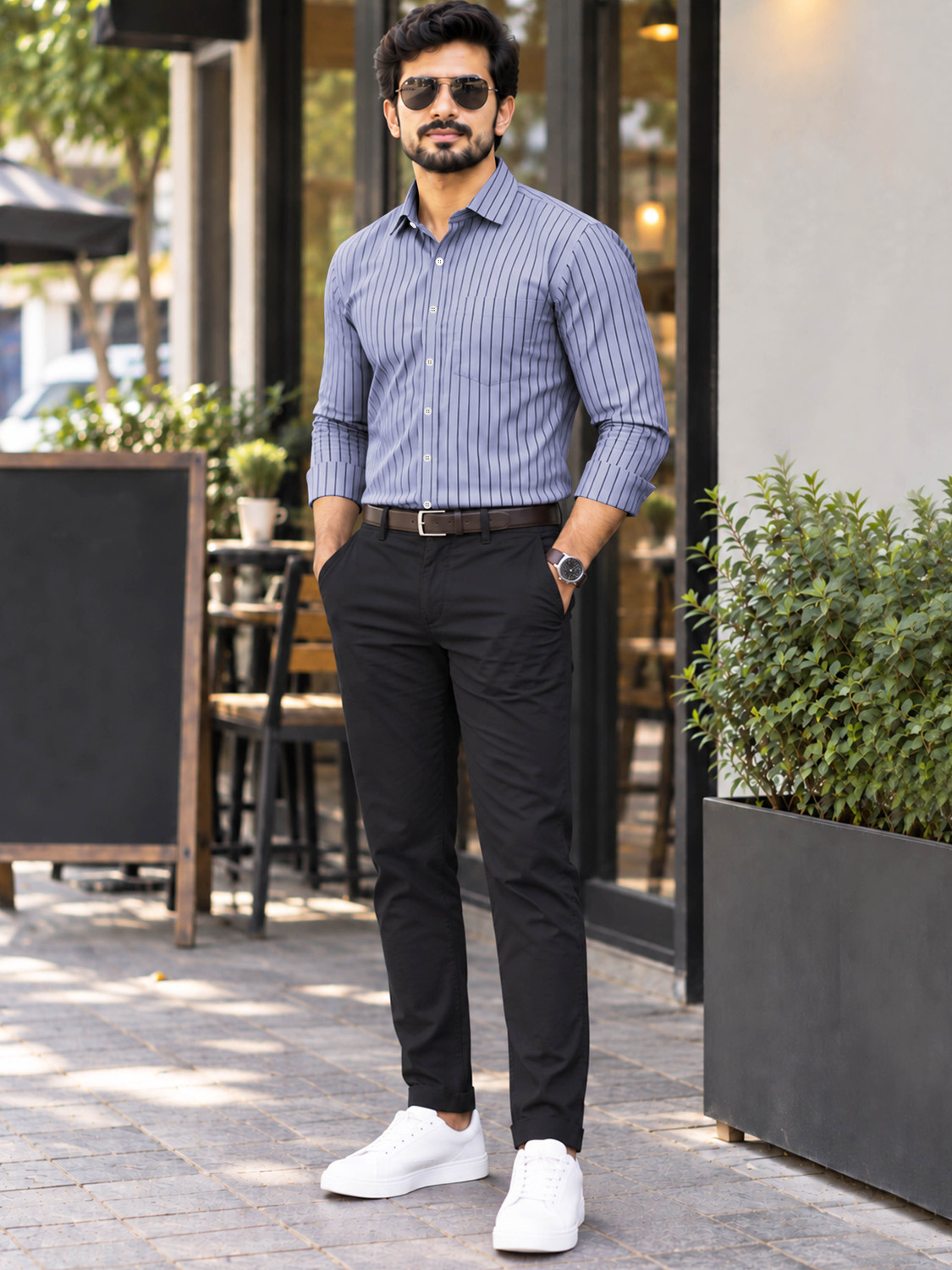 Image of VeBNoR Men Striped Formal Light Blue Shirt