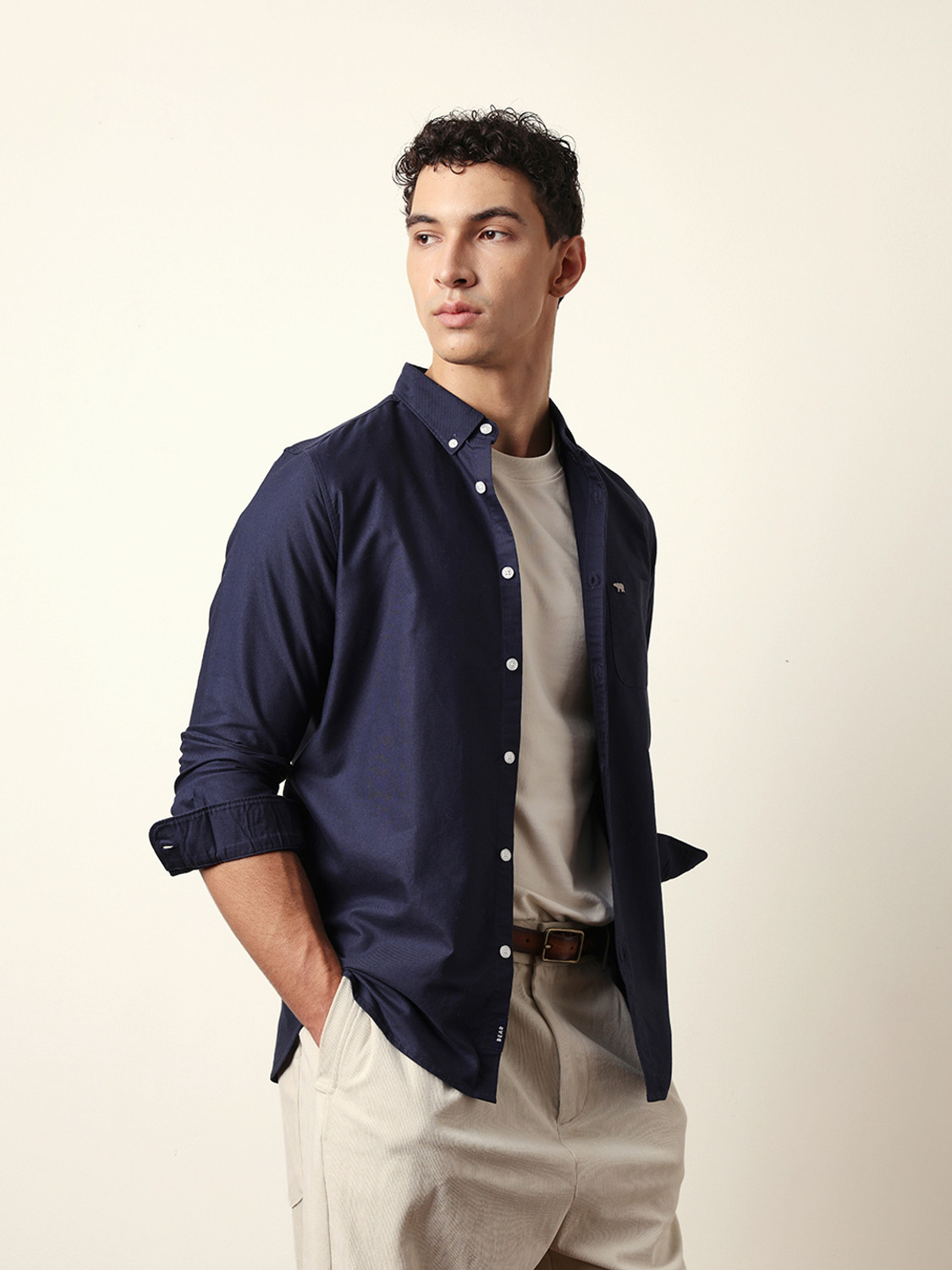 Image of THE BEAR HOUSE Men Solid Casual Blue Shirt