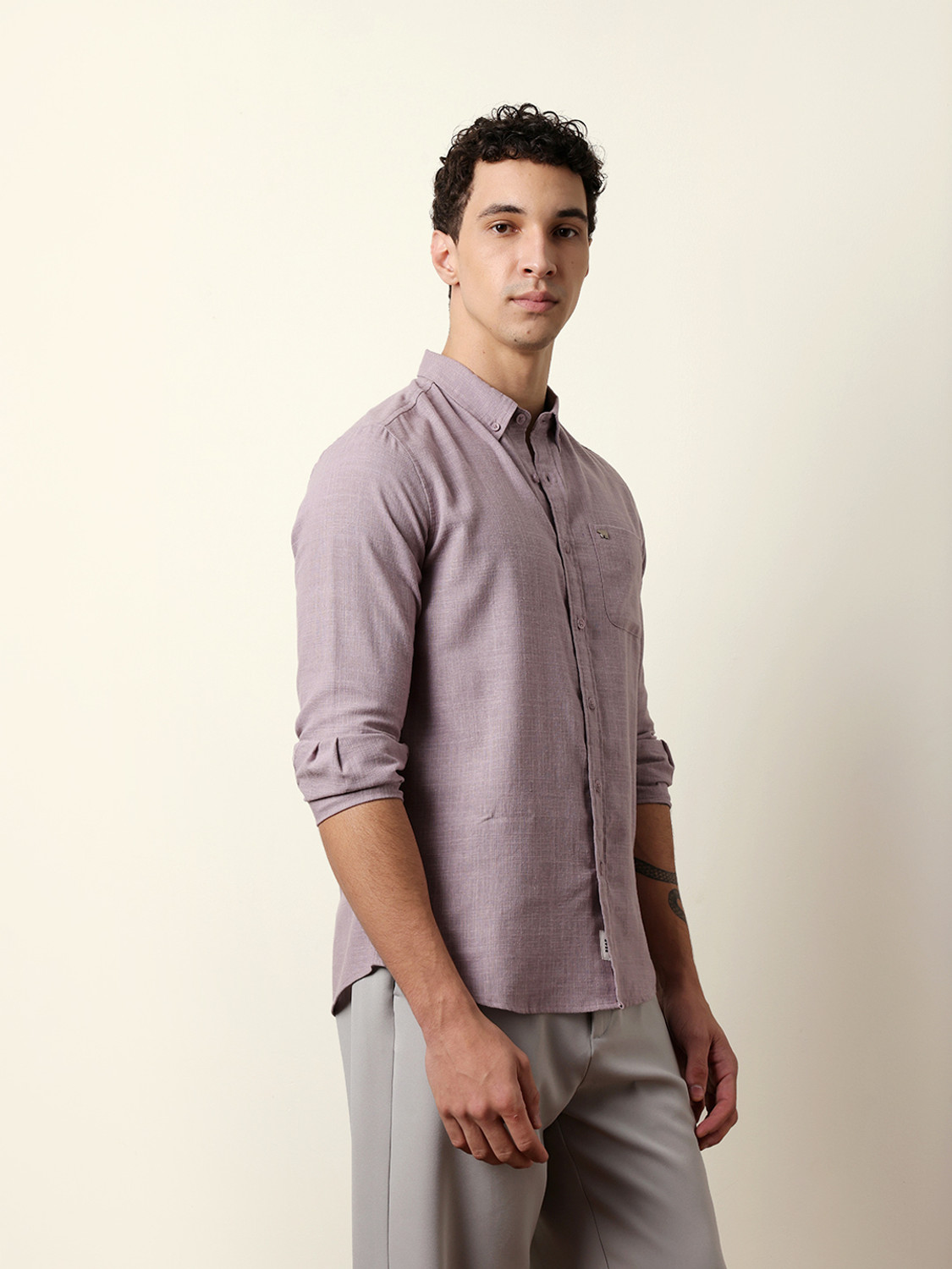 Image of THE BEAR HOUSE Men Self Design Casual Purple Shirt