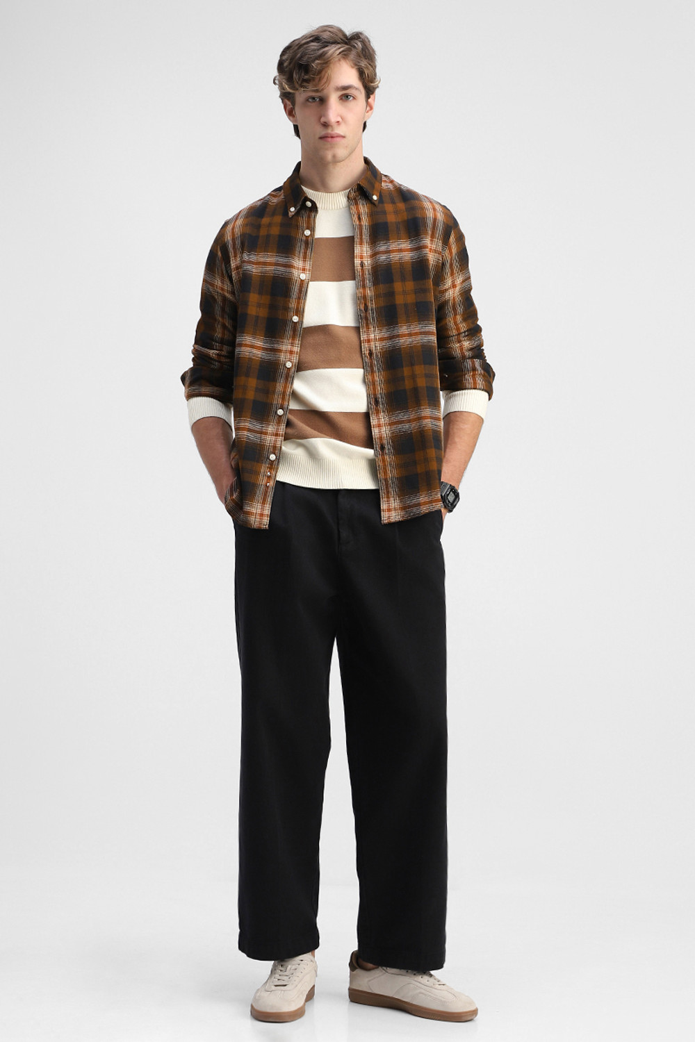Image of Snitch Men Checkered Casual Brown Shirt
