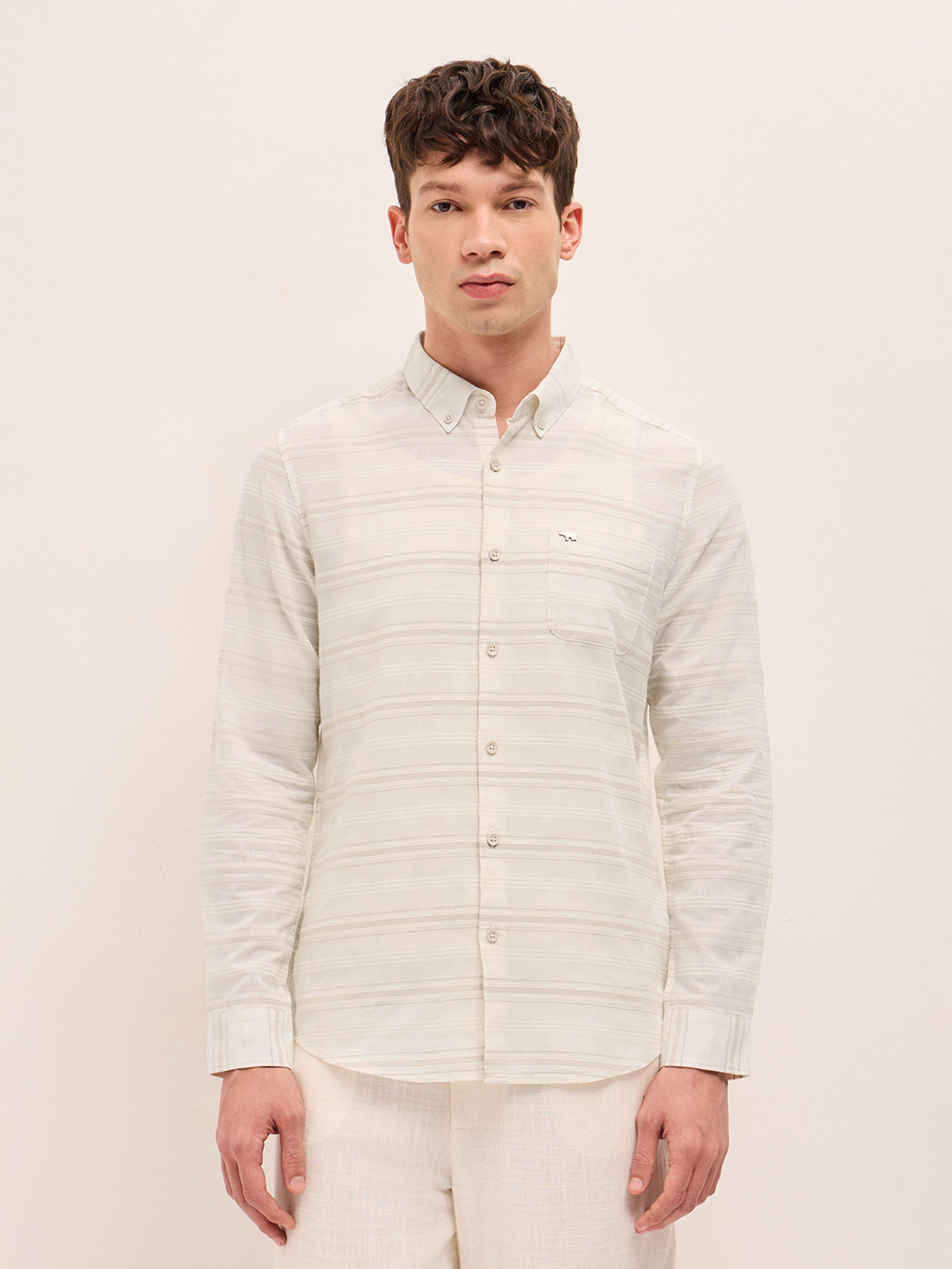 Image of THE BEAR HOUSE Men Striped Casual Beige Shirt