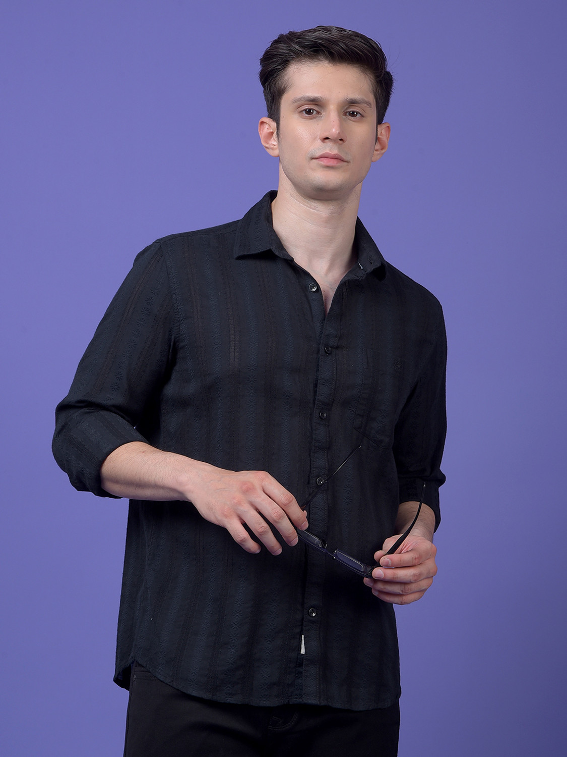 Image of CRIMSOUNE CLUB Men Self Design Casual Black Shirt