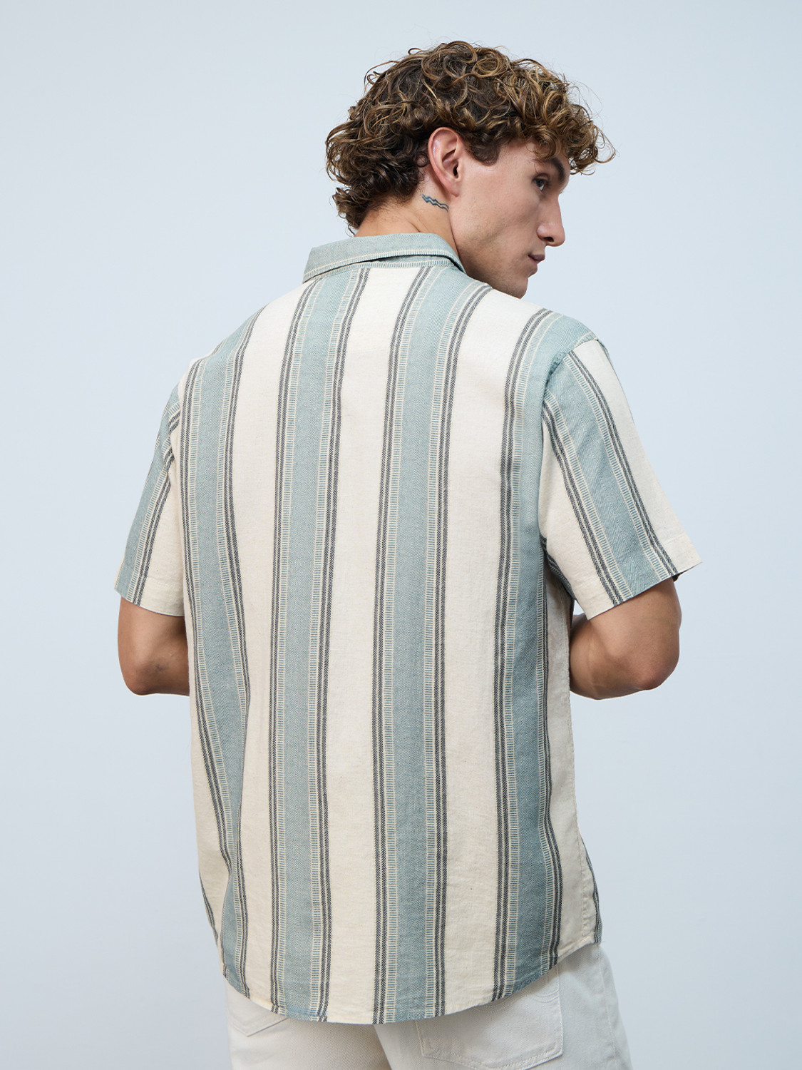 Image of The Souled Store Men Striped Casual Light Green Shirt