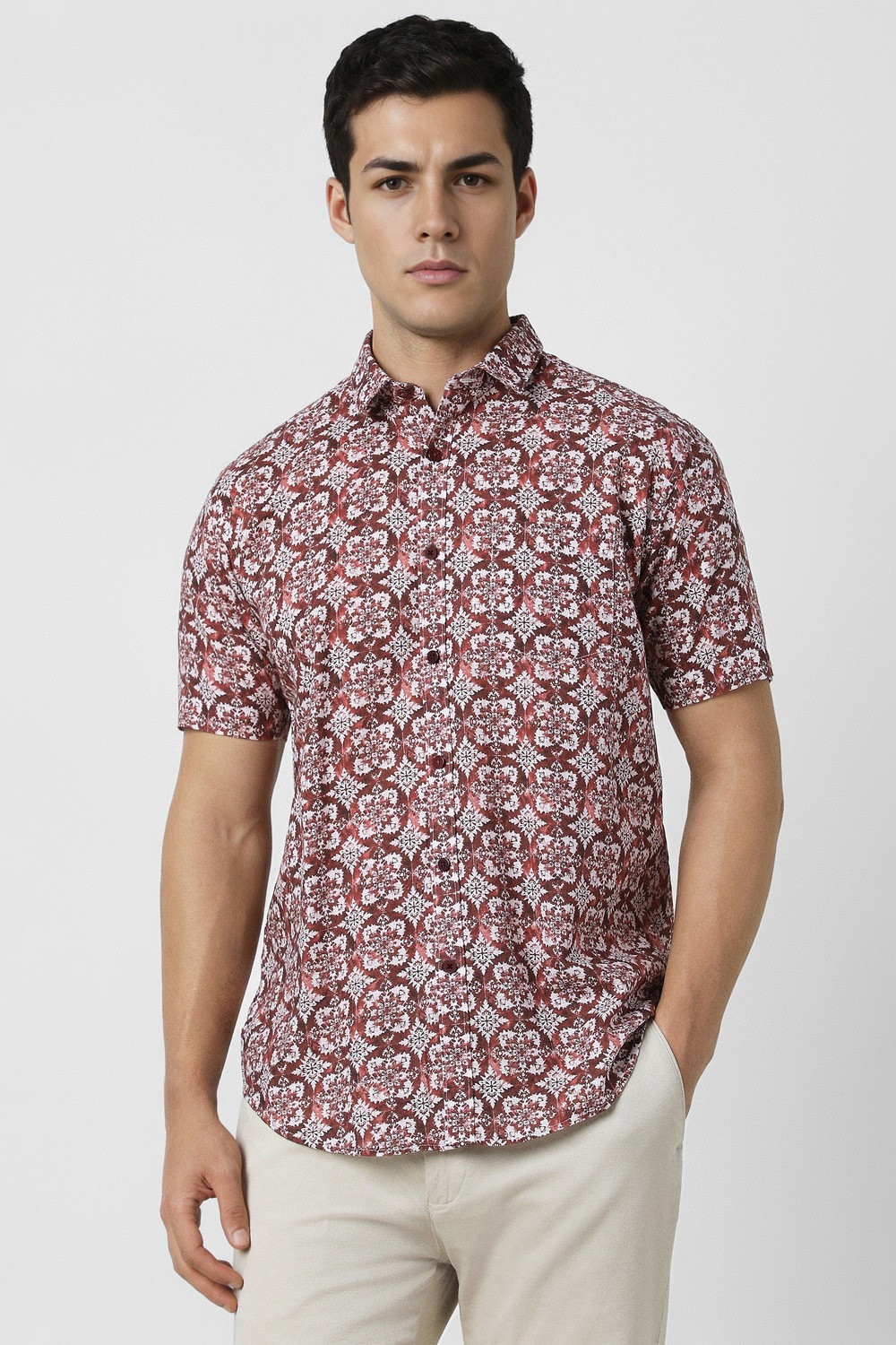 Image of VAN HEUSEN Men Printed Party Maroon Shirt