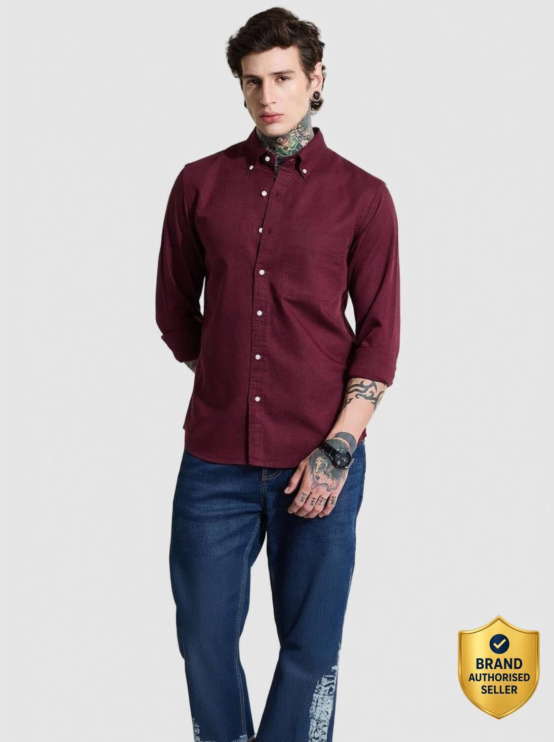 Image of Snitch Men Solid Casual Maroon Shirt