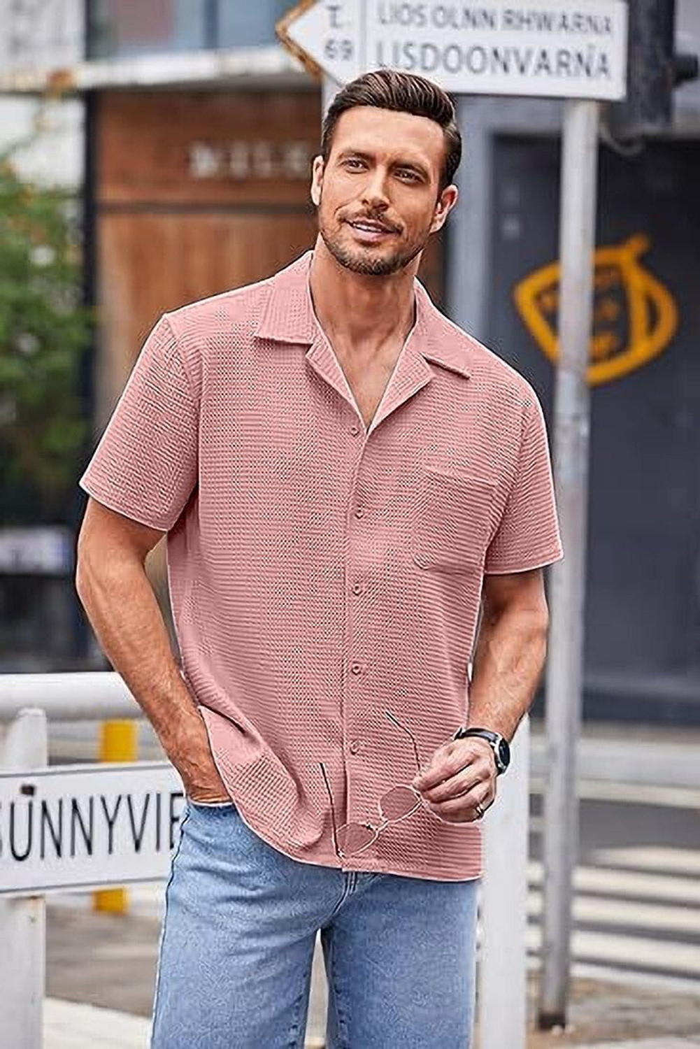 Image of ColorChakra Men Self Design Casual Pink Shirt