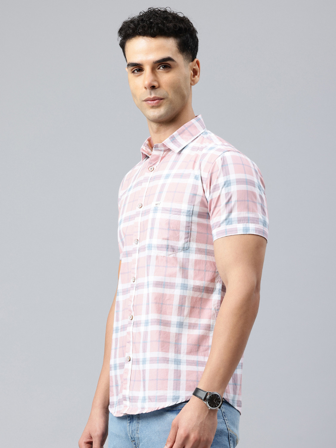 Image of Majestic Man Men Checkered Casual Pink Shirt