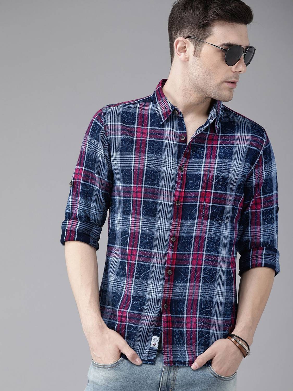 Roadster Men Checkered Casual Blue Shirt - Image 1