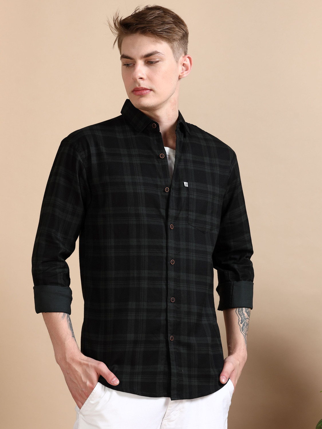 Image of ALLWIN PAUL Men Checkered Casual Black Shirt