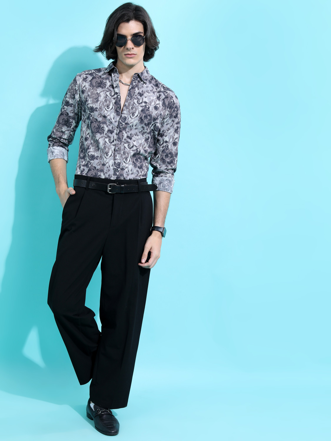 Image of HIGHLANDER Men Printed Casual Grey, White, Blue Shirt