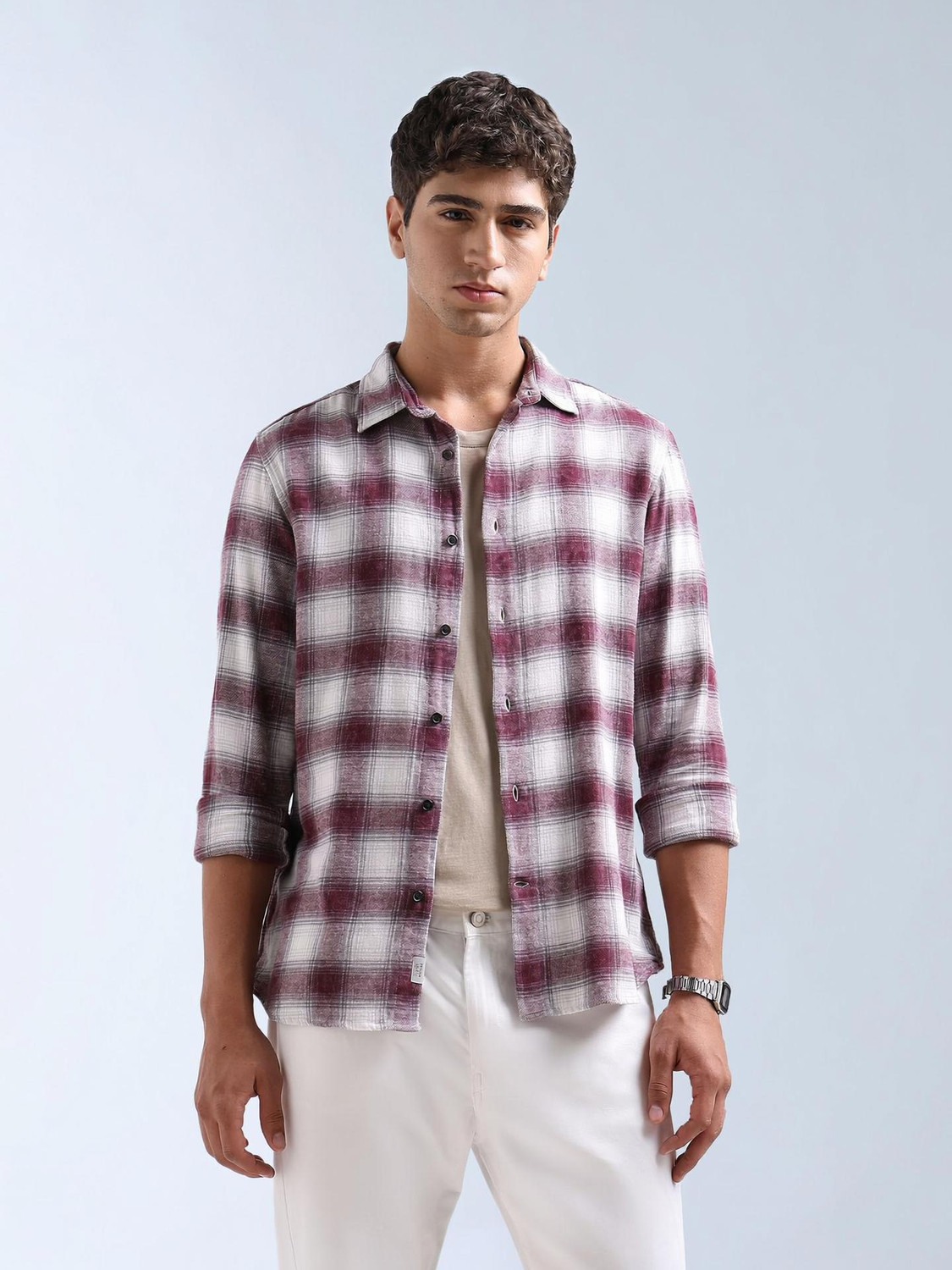 Image of FLYING MACHINE Men Checkered Casual Red Shirt