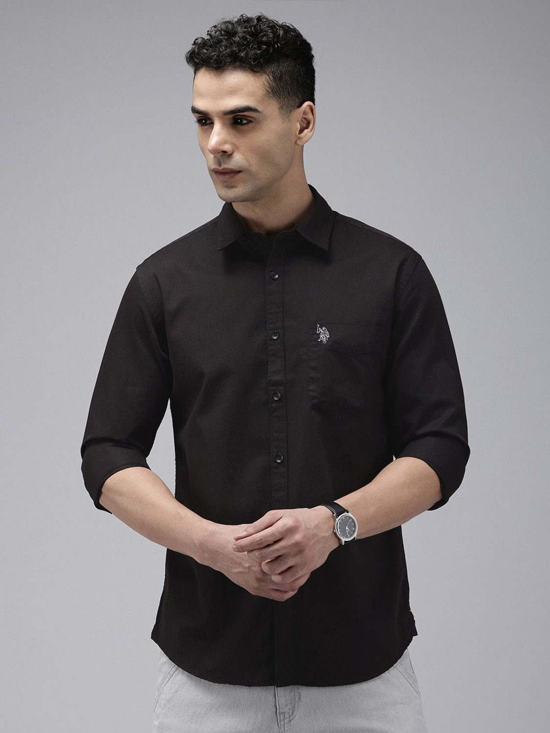 Image of U.S. POLO ASSN. Men Solid Casual Black Shirt