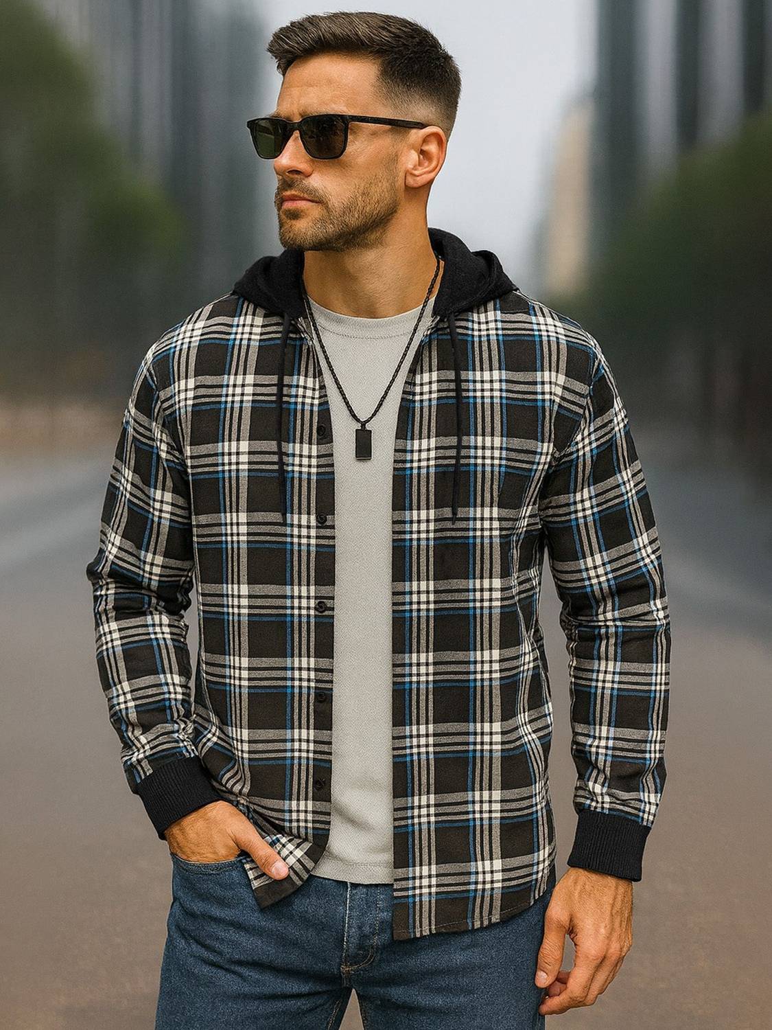 EyeBogler Men Regular Fit Checkered Hood Collar Casual Shirt