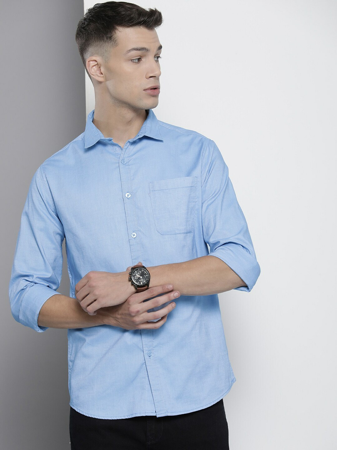 Image of The Indian Garage Co. Men Solid Formal Blue Shirt