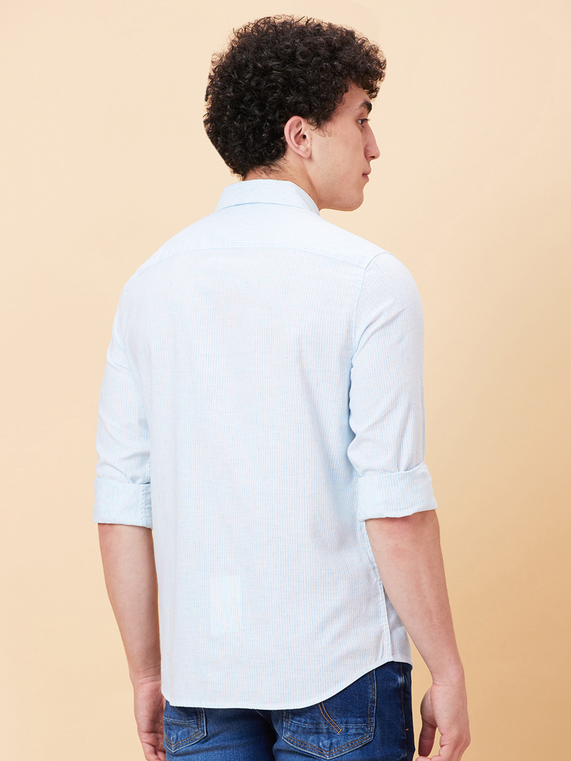 Image of BEING HUMAN Men Striped Casual Light Blue Shirt