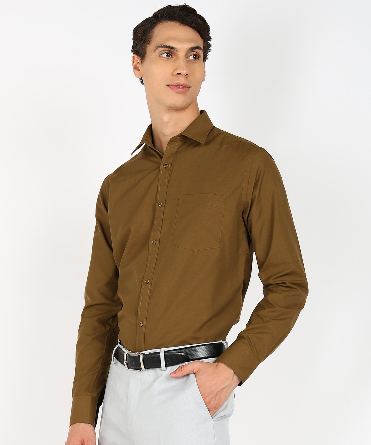 Image of PARK AVENUE Men Solid Formal Brown Shirt