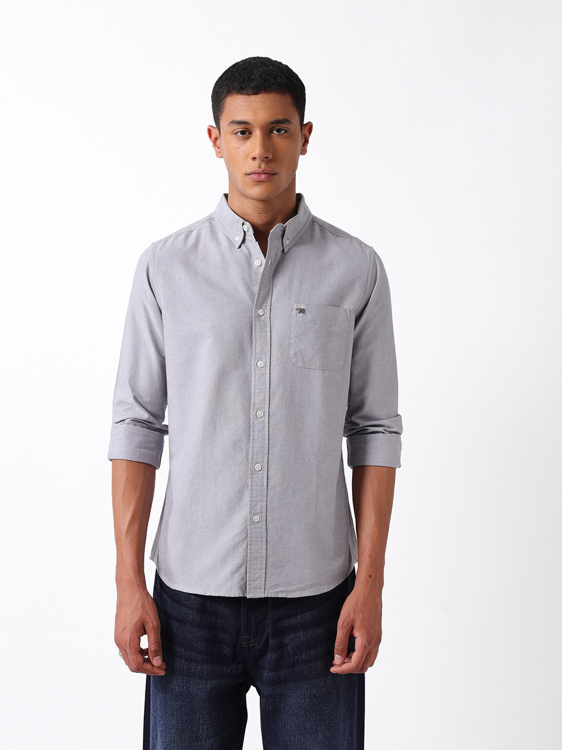 Image of THE BEAR HOUSE Men Solid Casual Grey Shirt