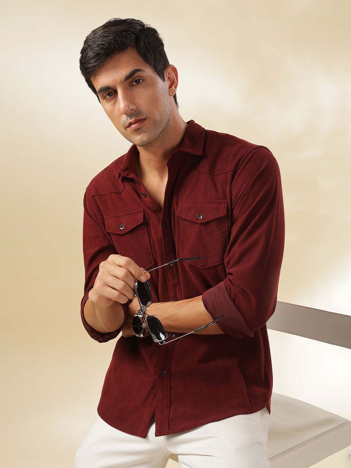 Image of HERE&NOW Men Solid Casual Maroon Shirt