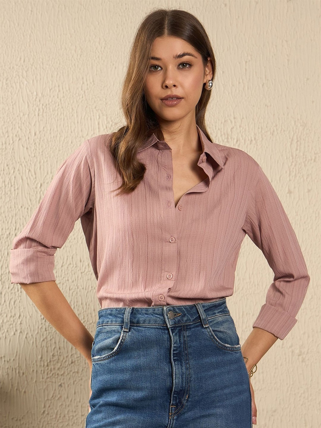 Image of Artihc Women Self Design Casual Pink Shirt