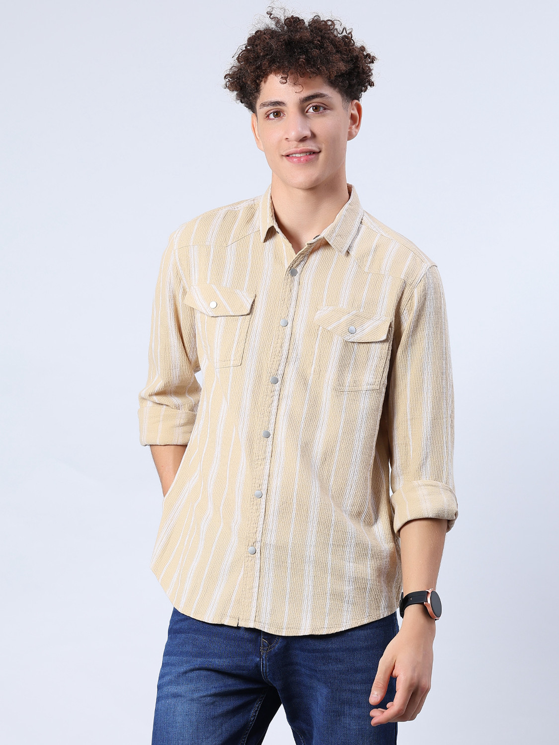 Image of V-MART Men Striped Casual Beige Shirt