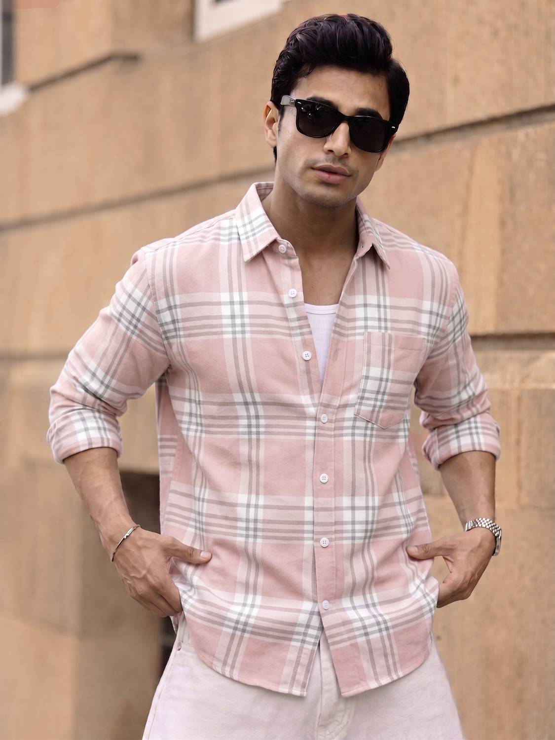 Virastix Men Checkered Casual Pink Shirt - Image 1
