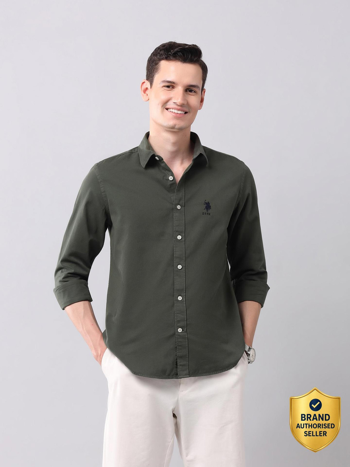 Image of U.S. POLO ASSN. Men Solid Casual Green Shirt