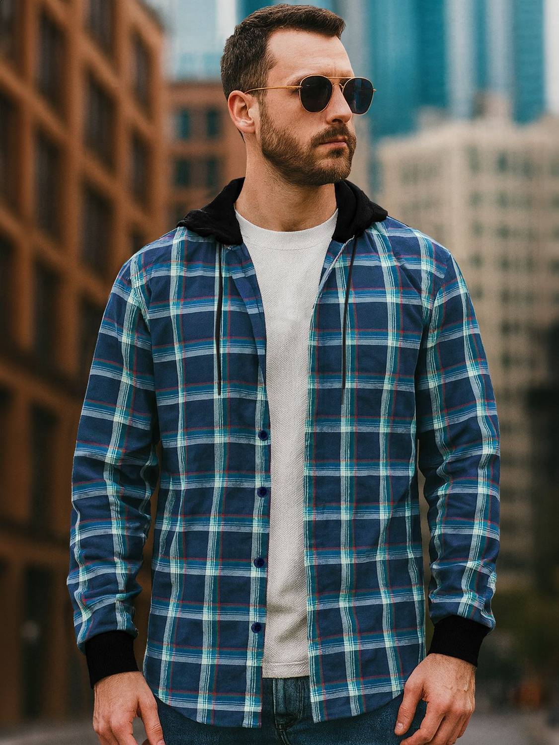 EyeBogler Men Regular Fit Checkered Hood Collar Casual Shirt