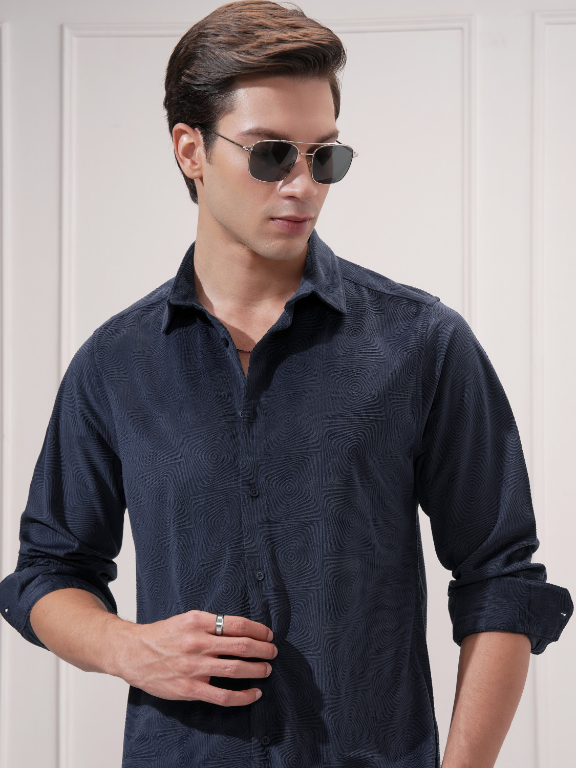 Image of HIGHLANDER Men Self Design Casual Blue Shirt