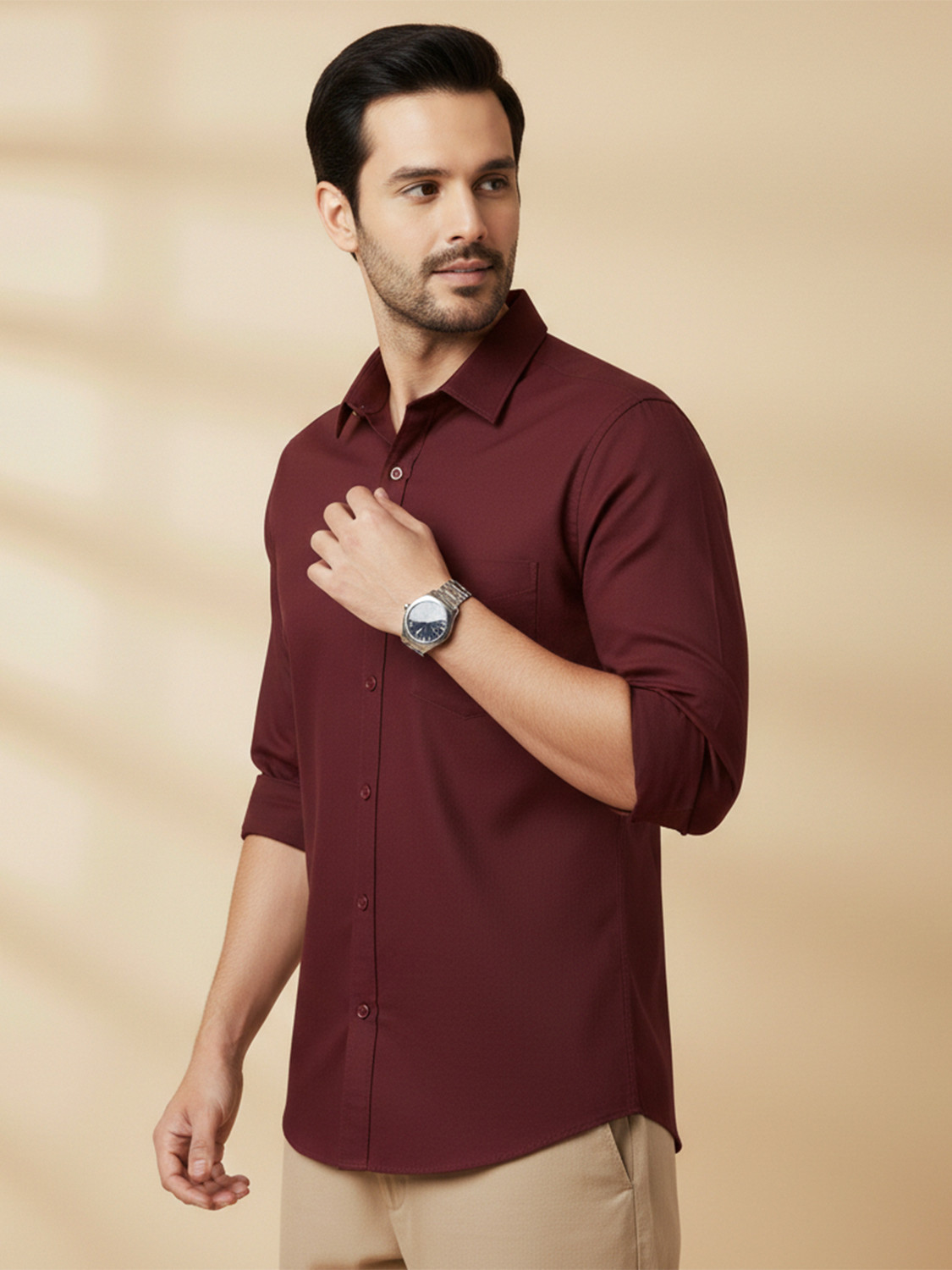 Image of METRONAUT Men Solid Casual Maroon Shirt