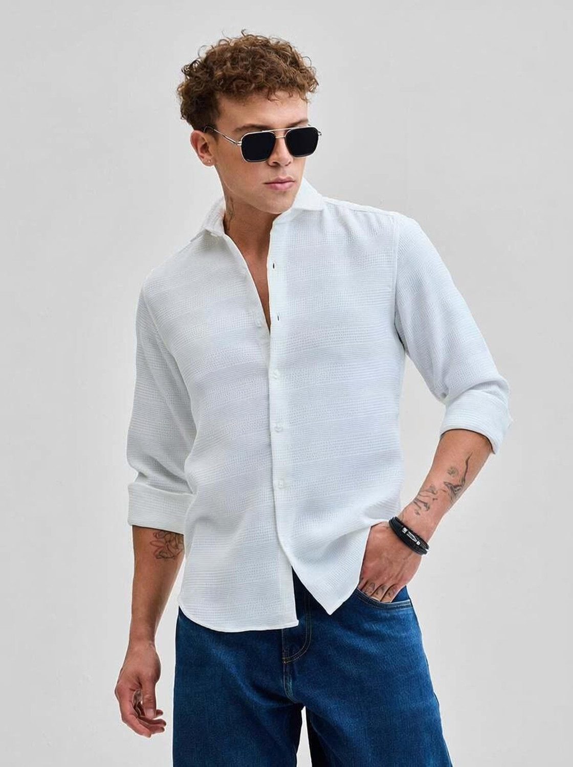 Image of Snitch Men Self Design Casual White Shirt